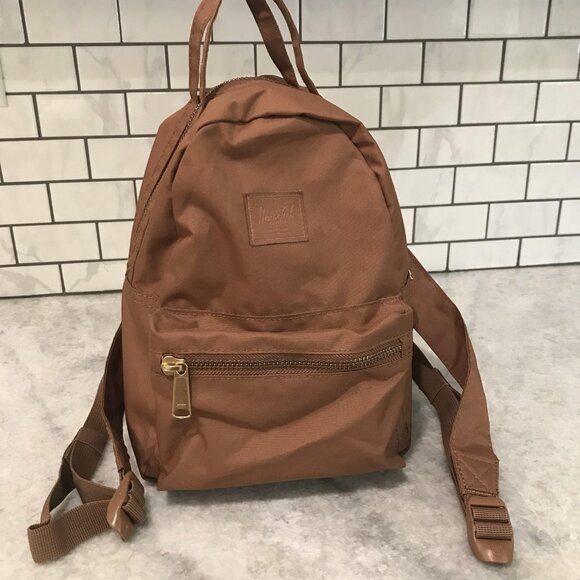 Herschel Mini Backpack Brown Small Daypack Gold Zippers Pocket Travel School - Picture 1 of 8